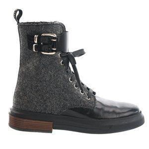 TOD'S BLACK LEATHER GREY WOOL BUCKLE BOOTS NEW SIZE 39 EU